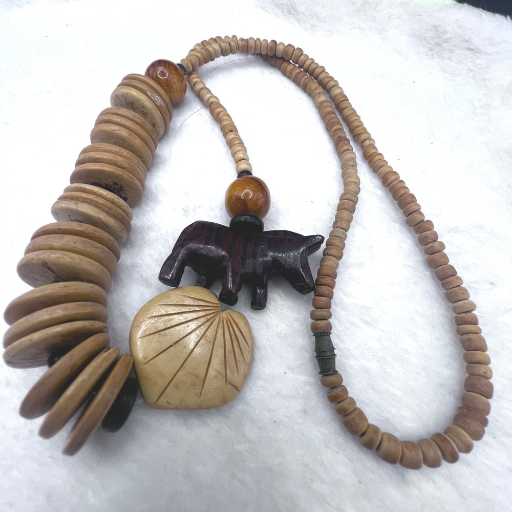 Vintage Wood Nut Beaded‎ Necklace Hand Carved African Safari Zebra Zoo Unisex